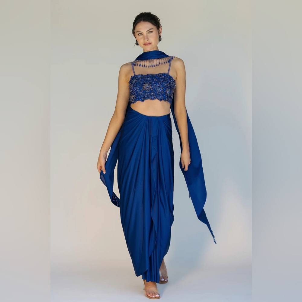 SANI HAND MADE Blue Embellished Sleeveless Bustier Crop Top